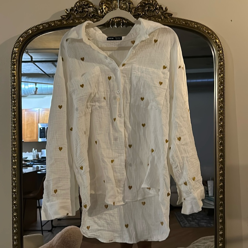 Soft White Button Up Shirt with Hearts - Never Worn